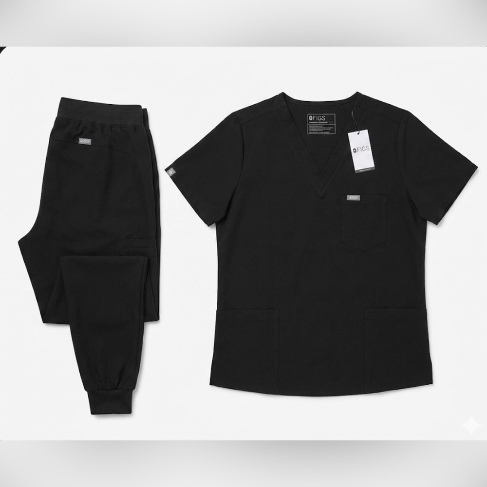 Figs Black Scrub 3 Pocket Top & Jogger Set